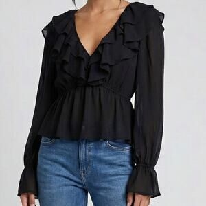Abercrombie & Fitch Black Ruffle V-Neck Sheer Peplum Blouse Bishop Sleeve Top
